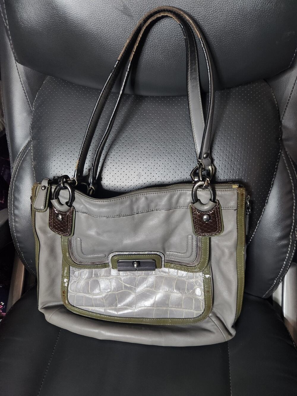Coach Kristin Spectator 18303 Gray Leather Croc Embossed Shoulder Tote Bag